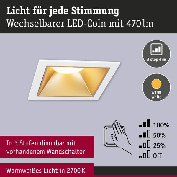 Einbauleuchte Cole Coin Eckig - Aluminium / Kunststoff - Weiß / Gold - 3er Set