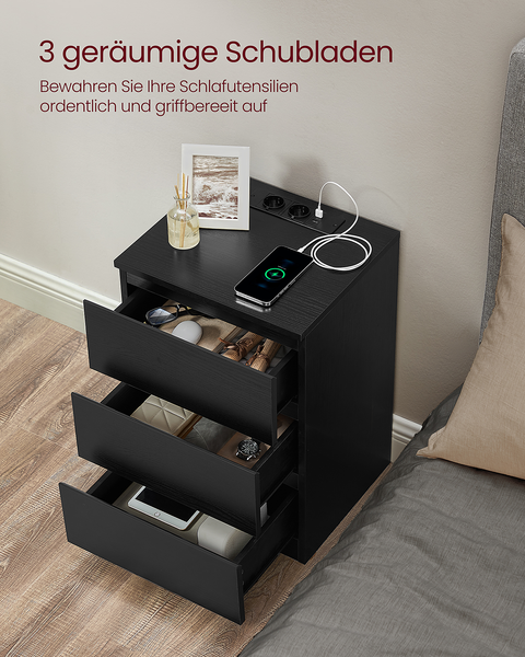 Nachtkommode Cahir mit Steckdose 2er-Set - Eiche Schwarzbraun Dekor