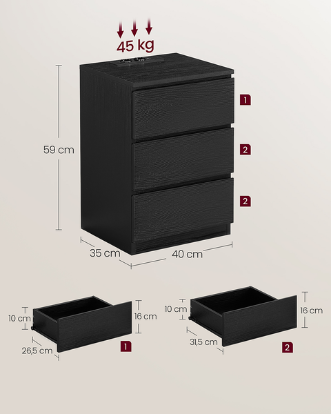 Nachtkommode Cahir mit Steckdose 2er-Set - Eiche Schwarzbraun Dekor