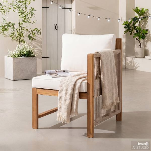 Diningstuhl Bayton mit 1 Armlehne - Akazie massiv / Polyester - Braun / Beige - Armlehne davorstehend rechts