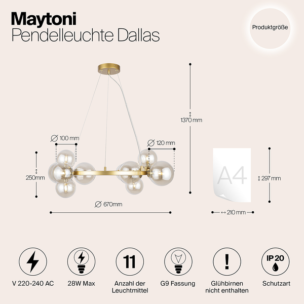Pendelleuchte Dallas Typ J - Farbglas / Mischmetall - 11-flammig - Gold