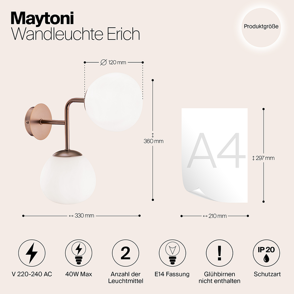 Wandleuchte Erich Typ A - Milchglas / Mischmetall - 2-flammig