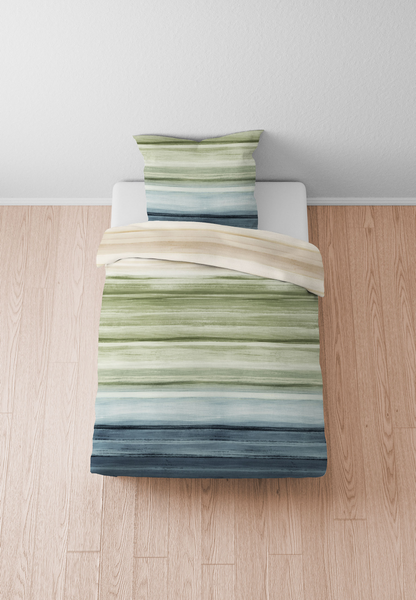 Mako-Satin Bettwäsche Saes - Baumwolle - Grün / Blau - 155 x 200 cm + Kissen 80 x 80 cm
