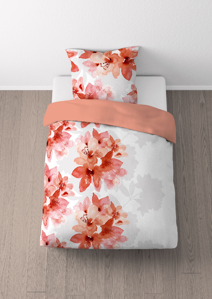 Biber-Bettwäsche Blumen - Baumwolle / Polyester - Apricot - 155 x 220 cm + Kissen 80 x 80 cm