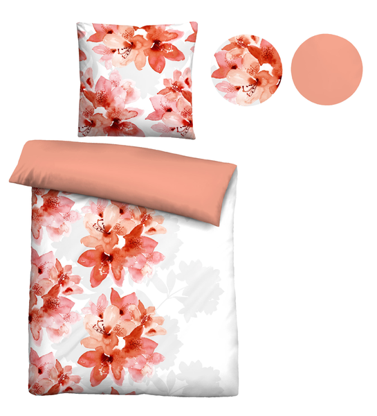 Biber-Bettwäsche Blumen - Baumwolle / Polyester - Apricot - 155 x 220 cm + Kissen 80 x 80 cm