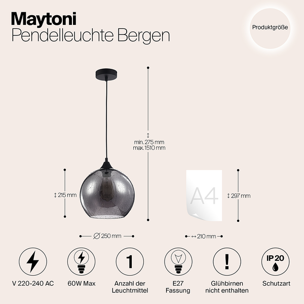Pendelleuchte Bergen - Rauchglas / Metall - 1-flammig