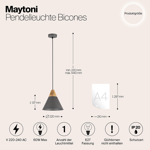 Pendelleuchte Bicones - Metall - 1-flammig - Grau - Durchmesser: 22 cm