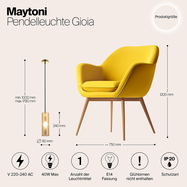 Pendelleuchte Gioia - Farbglas / Metall - 1-flammig - Gold