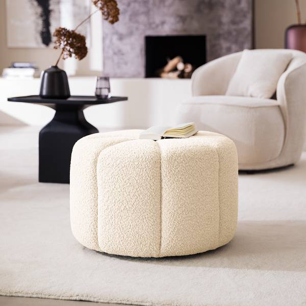 Pouf FORA - Teddy-Bouclé Stoff Bony: Beige - Breite: 60 cm