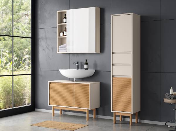 Massiver Waschbeckenunterschrank CAVA - Pinie massiv - Beige / Pinie Natur