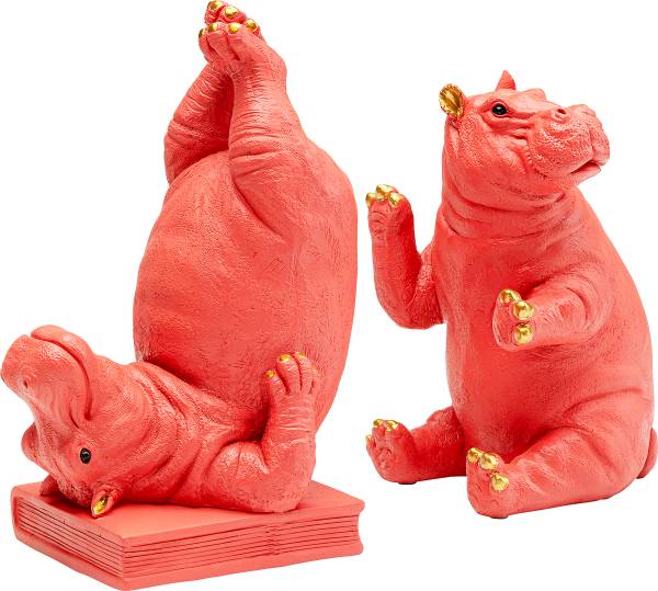 Buchstütze Hippo Pink 2er-Set - Pink - Polyresin - 19 x 26 x 14 cm