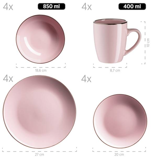 Kombiservice Metallic Rim 16-teilig - Keramik - Rosa