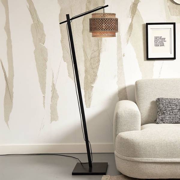 Stehleuchte Bhutan - Bambus massiv / Eisen - 1-flammig - Schwarz / Beige - Durchmesser: 25 cm