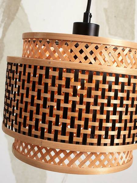 Stehleuchte Bhutan - Bambus massiv / Eisen - 1-flammig - Schwarz / Beige - Durchmesser: 25 cm