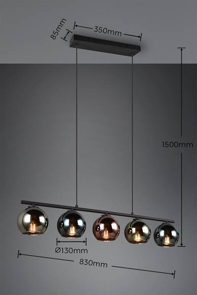 Pendelleuchte Sheldon - Eisen / Rauchglas - Mehrfarbig - 5-flammig