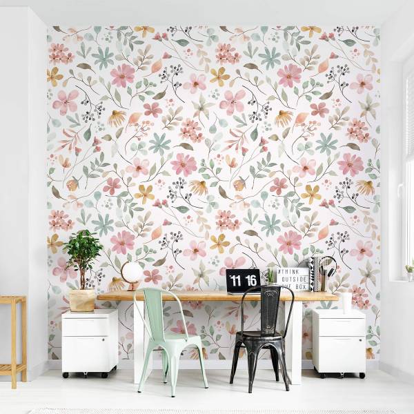 Fototapete Blumen Muster Aquarell - Vlies - Mehrfarbig - 96 x 96 cm