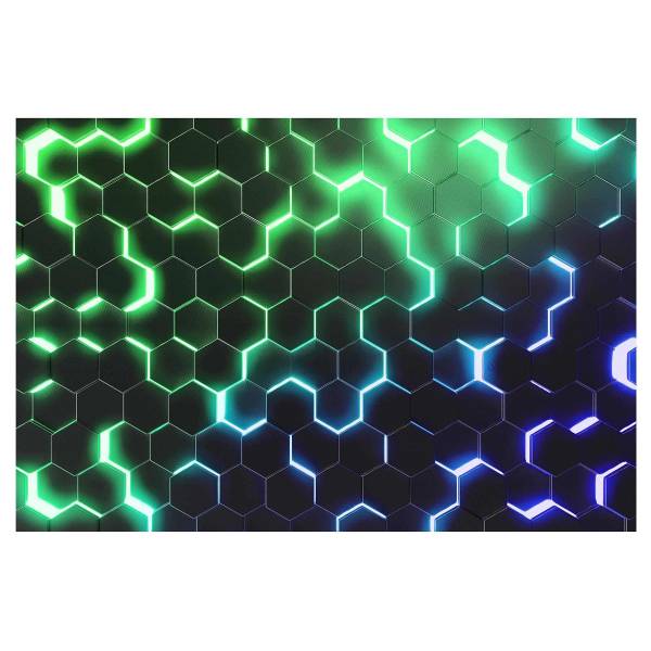 Fototapete Hexagone Neon Grün Blau - Vlies - Schwarz / Mehrfarbig - 240 x 158 cm