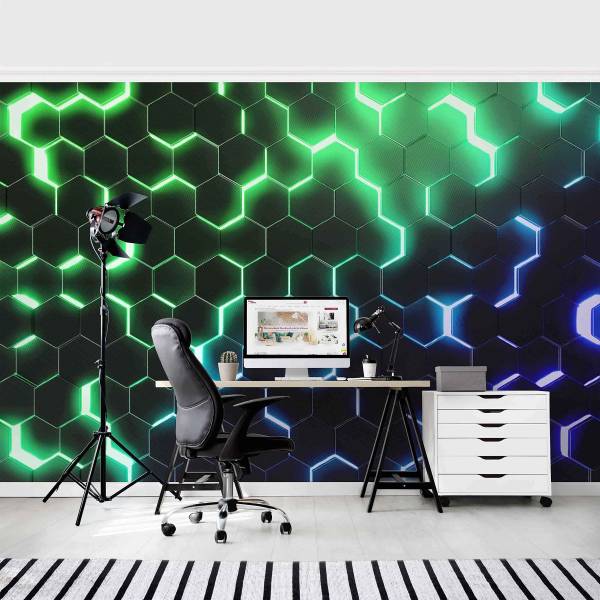Fototapete Hexagone Neon Grün Blau - Vlies - Schwarz / Mehrfarbig - 240 x 158 cm