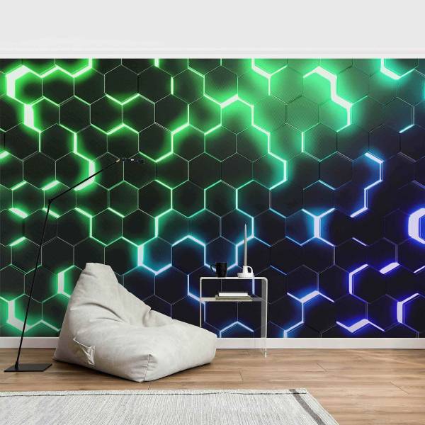 Fototapete Hexagone Neon Grün Blau - Vlies - Schwarz / Mehrfarbig - 240 x 158 cm