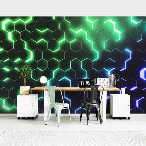 Fototapete Hexagone Neon Grün Blau - Vlies - Schwarz / Mehrfarbig - 240 x 158 cm