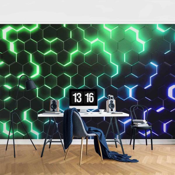 Fototapete Hexagone Neon Grün Blau - Vlies - Schwarz / Mehrfarbig - 240 x 158 cm