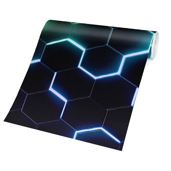 Fototapete Hexagone Neon Grün Blau - Vlies - Schwarz / Mehrfarbig - 240 x 158 cm