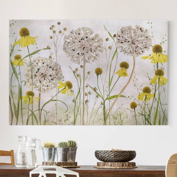 Leinwandbild Allium Helenium - Canvas /  Fichte massiv - Beige / Mehrfarbig - 120 x 80 cm