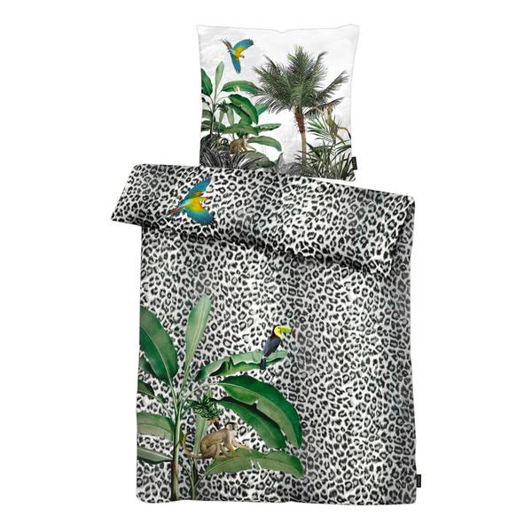 Mako-Satin-Bettwäsche Jungle - Baumwollstoff - Schwarz / Weiß / Grün