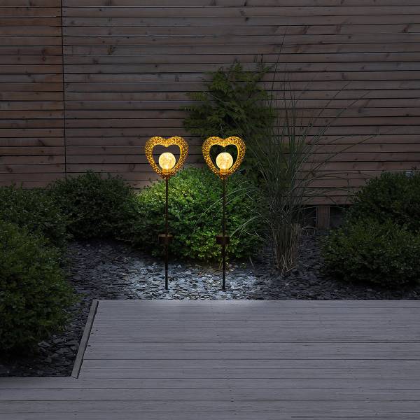 LED-Solar-Wegeleuchte Herz 2er-Set - Aluminium - Schwarz / Messing - 1-flammig