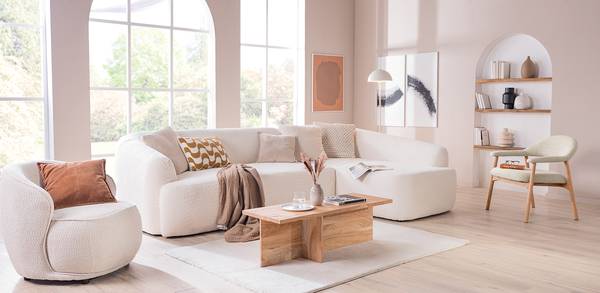 Loungestuhl Mesita - Beige - Bouclé - Eiche - 70 x 76 x 71 cm