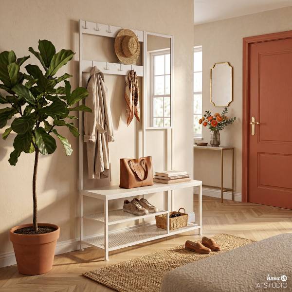 Garderobe Tarpey mit Spiegel - Metall - Weiß