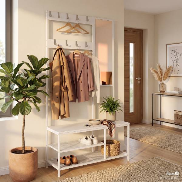 Garderobe Tarpey mit Spiegel - Metall - Weiß