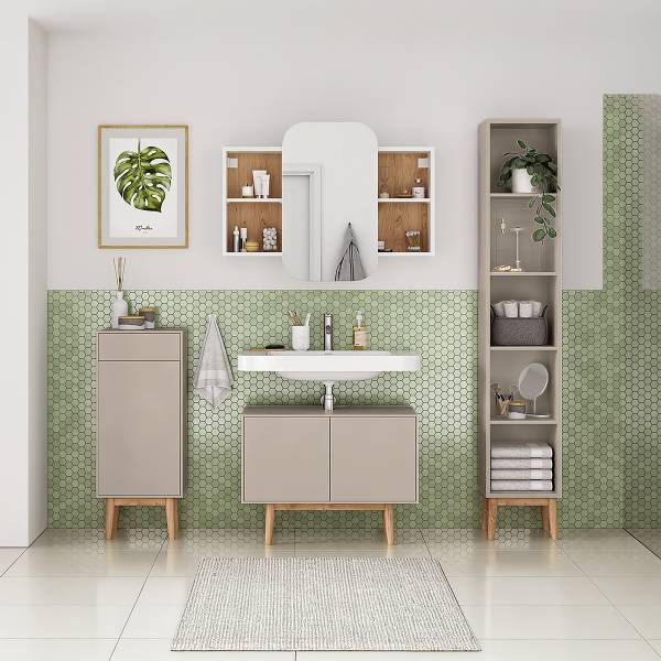 Waschbeckenunterschrank LINDHOLM - Eiche teilmassiv - Taupe