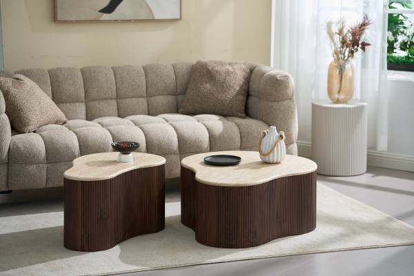 Couchtisch Wawaso - 70 cm - Travertin Dekor / Eiche Dunkel Dekor