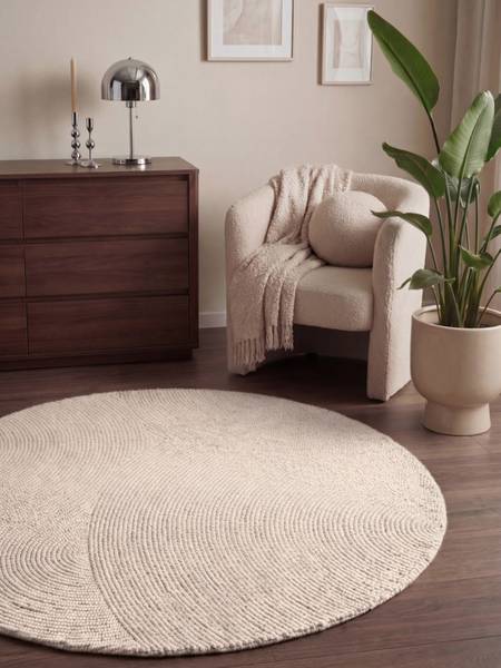 Wollteppich Eleni rund - Wolle / Recycelte Baumwolle - Weiß - Durchmesser: 120 cm