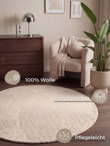 Wollteppich Eleni rund - Wolle / Recycelte Baumwolle - Weiß - Durchmesser: 120 cm