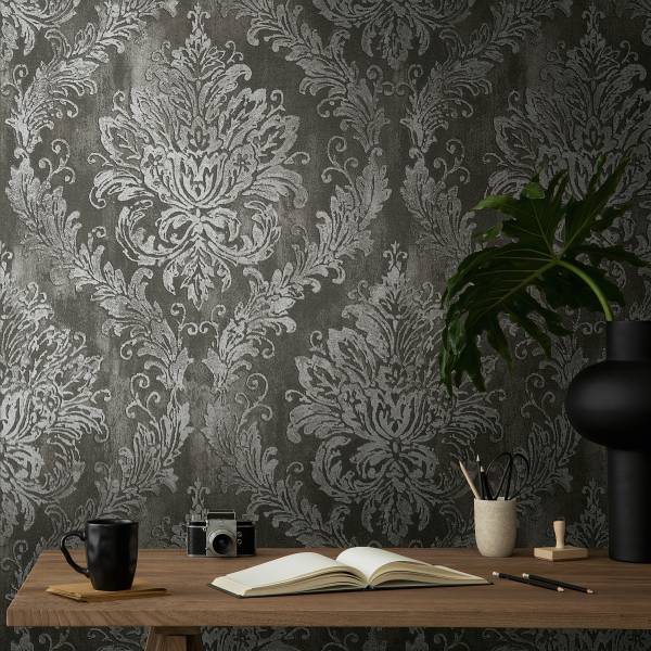 Vliestapete Hoa Luxus Ornamente - Schwarz / Grau