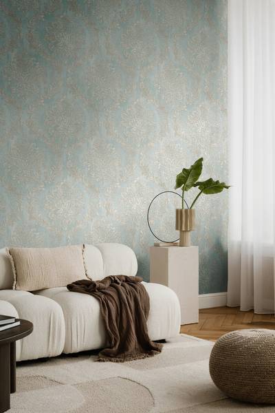 Vliestapete Hoa Luxus Ornamente - Vlies - Taubenblau / Creme