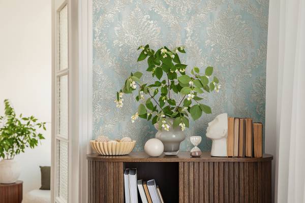 Vliestapete Hoa Luxus Ornamente - Vlies - Taubenblau / Creme