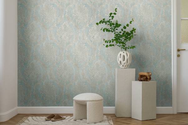 Vliestapete Hoa Luxus Ornamente - Vlies - Taubenblau / Creme