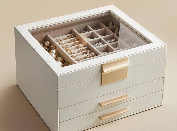 Schmuckkasten Uboca - Weiß - Samt - Spiegelglas - 23 x 14 x 20 cm