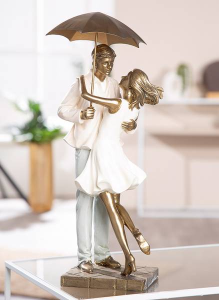 Skulptur Paar Love in the rain - Beige - Gold - Kunstharz - 17 x 39 x 14 cm