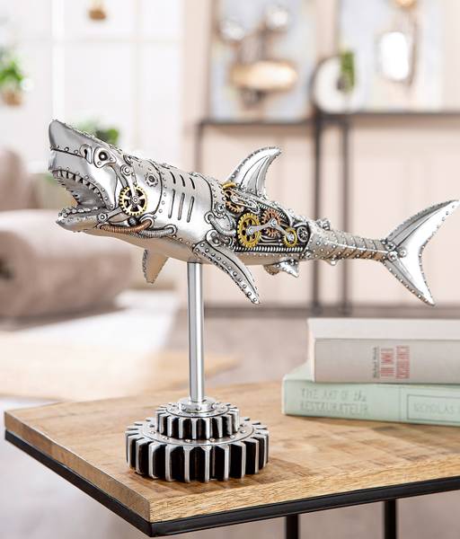 Figur Hai Steampunk - Silber - Kunstharz - 38 x 29 x 12 cm