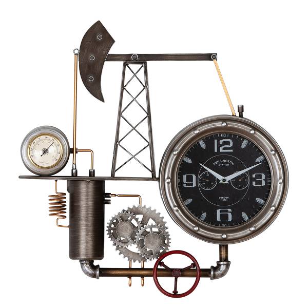 Wanduhr Ölförderturm - Silber - Eisen - Kunstharz - 55 x 56 x 8 cm