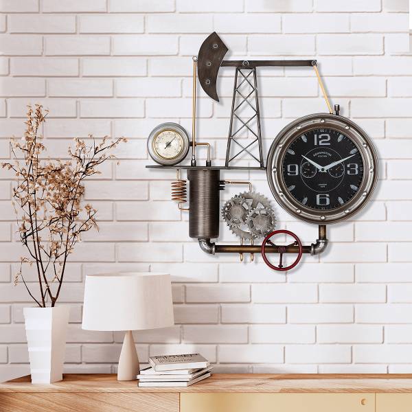 Wanduhr Ölförderturm - Silber - Eisen - Kunstharz - 55 x 56 x 8 cm