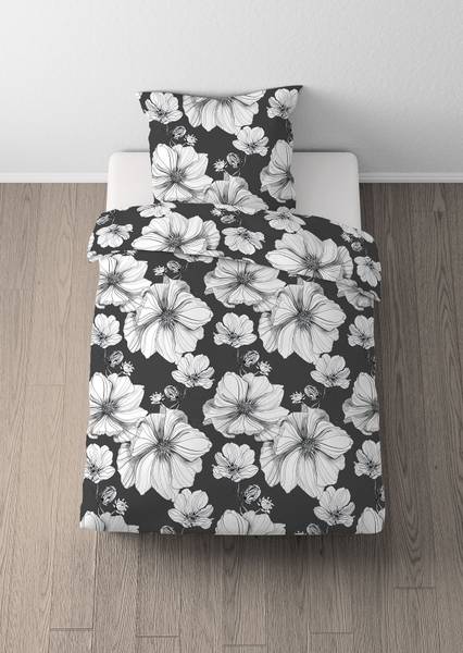 Renforcé Bettwäsche Blüten - Baumwolle - Schwarz - 135 x 200 cm + Kissen 80 x 80 cm