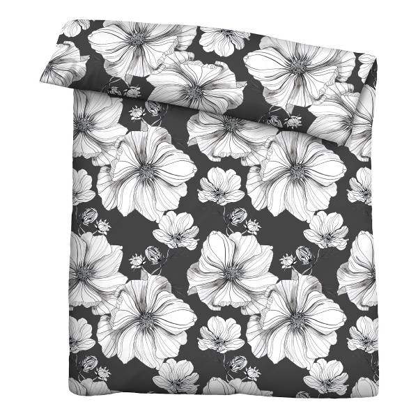 Renforcé Bettwäsche Blüten - Baumwolle - Schwarz - 135 x 200 cm + Kissen 80 x 80 cm
