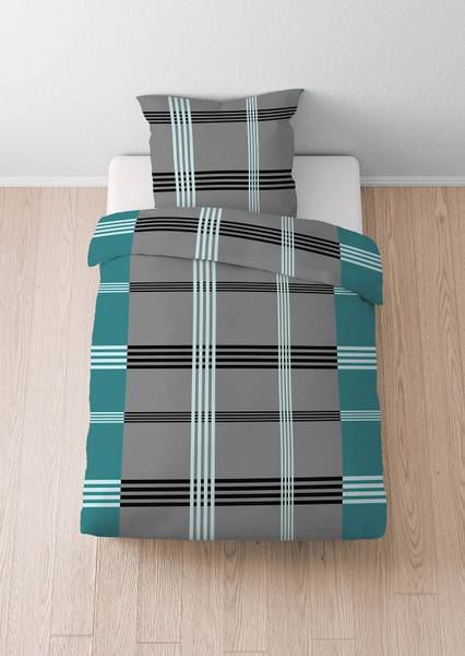 Renforcé Bettwäsche Karostreifen - Baumwolle - Türkis / Grau - 155 x 220 cm + Kissen 80 x 80 cm