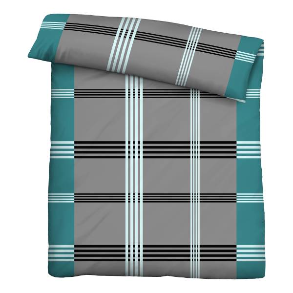 Renforcé Bettwäsche Karostreifen - Baumwolle - Türkis / Grau - 155 x 220 cm + Kissen 80 x 80 cm