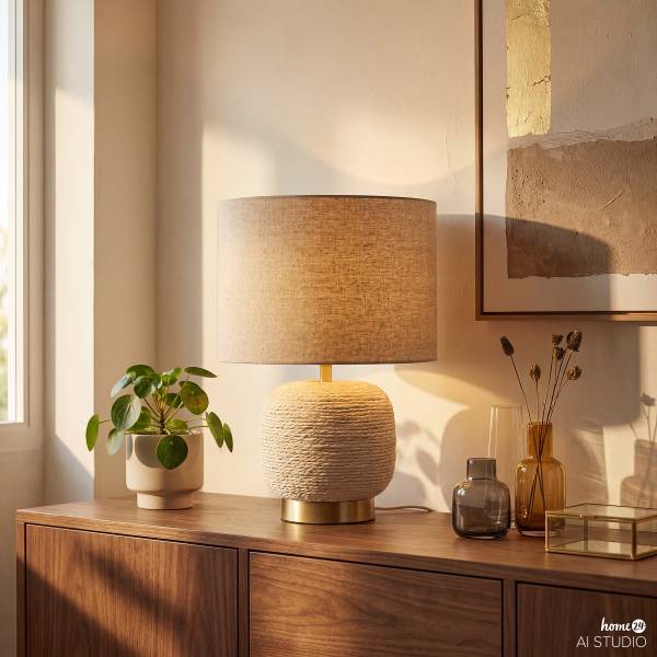 Tischleuchte Celio - Rattan / Leinen - 1-flammig